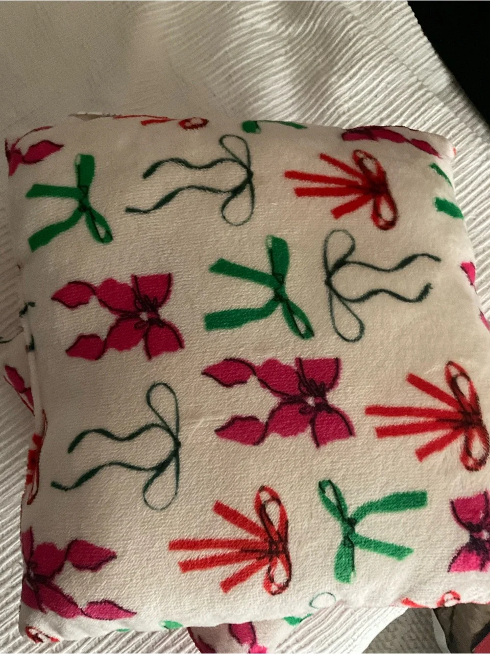Plush Fleece Throw Pillow Covers - White with Pink, Red & Green Bows
